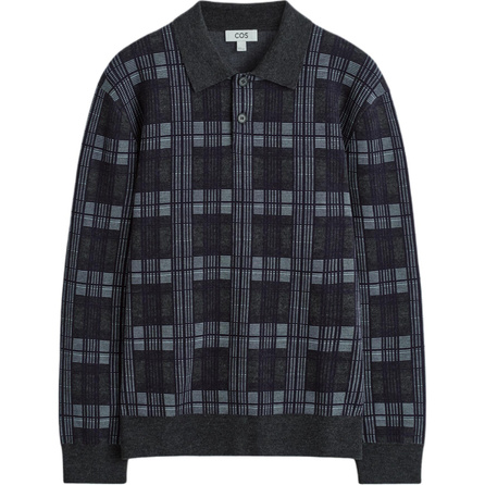 COS Comfortable Versatile Fashion Jacquard Check Long Sleeve Polo Shirt Men's