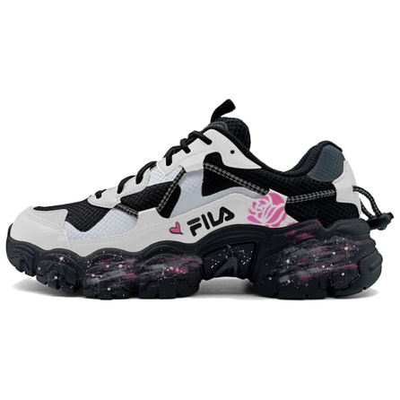 [Custom Sneakers] FILA Fluid Black Rose Sweetheart Retro Style Preppy Style Sweet & Cool Style Cushioned Breathable Height-Increasing Low-Top Dad Shoes Unisex Black White