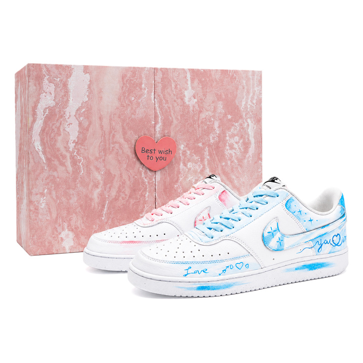 Custom Sneakers Nike Court Vision 1 Your Name Lady Style Youth Romantic Campus Love I Love You Confession Gift Low-Top Skate Shoes Unisex Blue-Pink