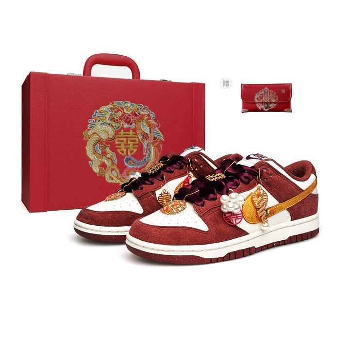 Custom Sneakers Nike Dunk 'Heaven-Made Match' Leather Autumn Winter Vibe All-Season Commute Wedding Shoes Xiuhe Chinese Style Auspicious Lucky Silk Laces Gift Box Lightweight Breathable Low-Top Sneakers Unisex Red