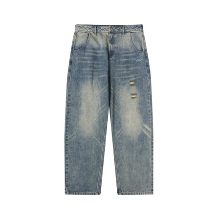 FEAROM Washed Distressed Ripped Embroidered Loose Straight-Leg Casual Jeans Unisex Blue