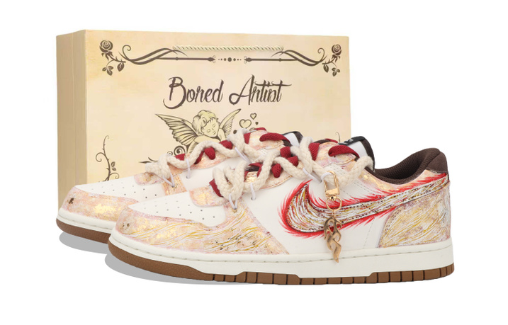 Custom SneakersNike Big River Moon Red Flame Apollo Flame Burn Mottled Gold Foil Process Anti-Slip Shock-Absorbing Wear-Resistant Low-Top Skate Shoes Unisex White Red