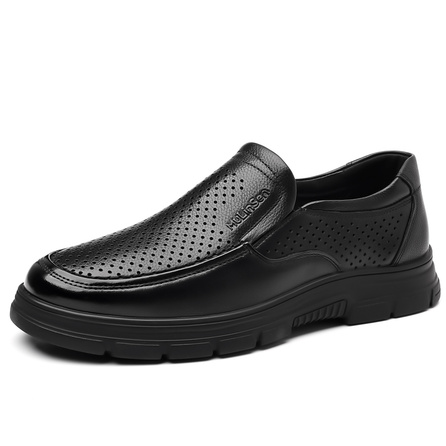 Mulinsen Genuine Leather Classic Fashion Minimalist Versatile Office Daily Commute Spring Summer Men's Shoes Perforated Breathable Slip-On Anti-Slip Soft Sole Comfort Casual Shoes Men's Black