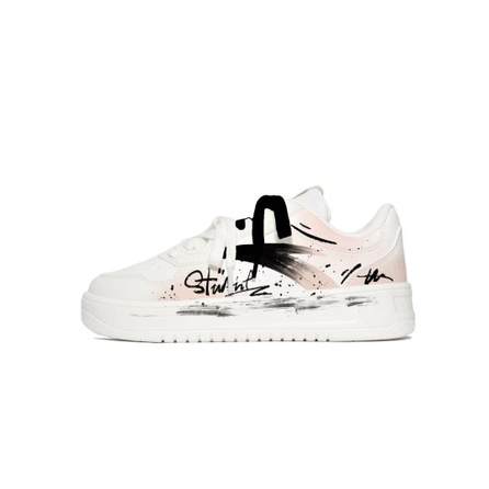 [Custom Sneakers] Anta Ink Wave Street Niche Campus Style Couple Cute Versatile White Shoes Comfortable Synthetic Leather Artistic Hand-Painted Graffiti Shock-Absorbing Wear-Resistant Non-Slip Low-Top Skate Shoes Unisex White