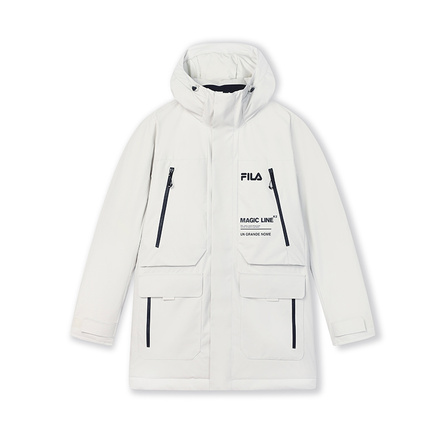 FILA ORIGINALE Solid Color Minimalist Letter Logo Fashion Mid-Length Hooded Down Jacket Men's Light White Gray