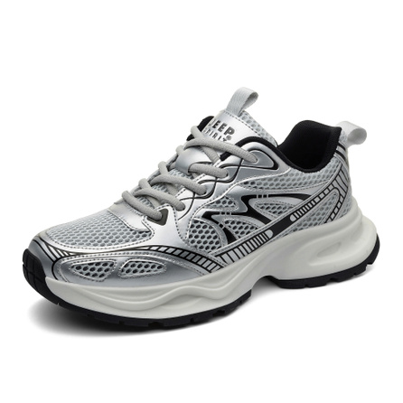 JEEP SPIRIT Y2K Millennium Autumn Mesh Men's Shoes Retro Running Sport Casual Versatile Trend Paris Techwear Style High Aesthetic Wear-Resistant Breathable Supportive Lightweight Height-Increasing Low-Top Dad Shoes Men's Silver