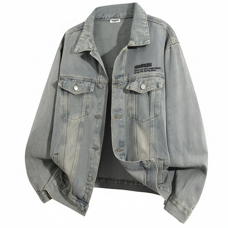 HUANQIU American Street Hip-Hop Outdoor High Street Washed Vintage Distressed Genderless Letter Print Fashion Versatile Lapel Drop Shoulder Loose Straight Single-Breasted Cargo Jacket Large Pocket Design Denim Jacket Unisex