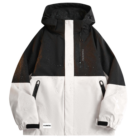 HUANQIU Trendy Outdoor Mountaineering Techwear Color-Block Patchwork Basic Hooded Design Letter Brand Logo Reflective Engraved Film Loose Casual Comfortable Versatile Windproof Waterproof Sports Jacket Unisex
