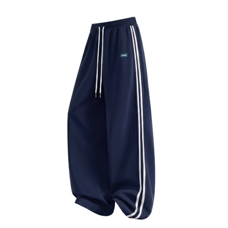 Jeep Spring Autumn Color-Block Black White Relaxed Elastic Waist Striped Patchwork Two-Stripe Drapey Wide-Leg Tall Straight Wide-Leg Sweatpants Commute Lazy Japanese Soft Style Slimming Youthful Couple Long Pants Casual Pants Unisex