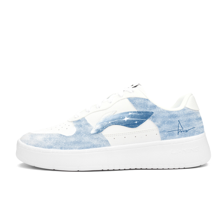 [Custom Sneakers] LiNing Floating Boat Sea Salt Blue Star Ink Wash Spray Hand-Painted Trendy Versatile High-Street Casual Sports Campus Style Hip-Hop Wear-Resistant Lightweight Breathable Low-Top Skate Shoes Unisex Blue White
