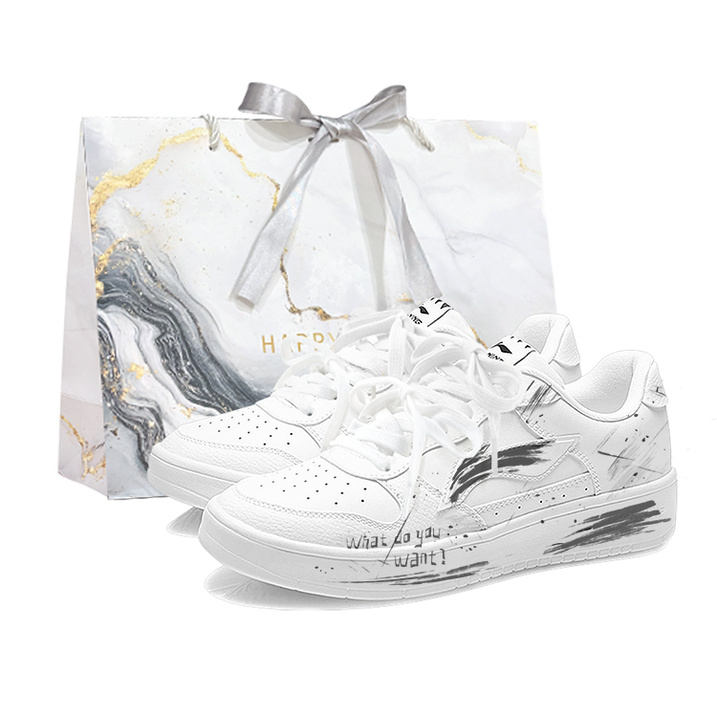 Custom SneakersLiNing Li-Ning Floating Boat Lone Brush Broken Ash Gray Gift Bag Edition Graffiti Sketch Fresh Casual Hand-Painted Versatile Niche Campus Style Lightweight Wear-Resistant Low-Top Skate Shoes Men's Gray