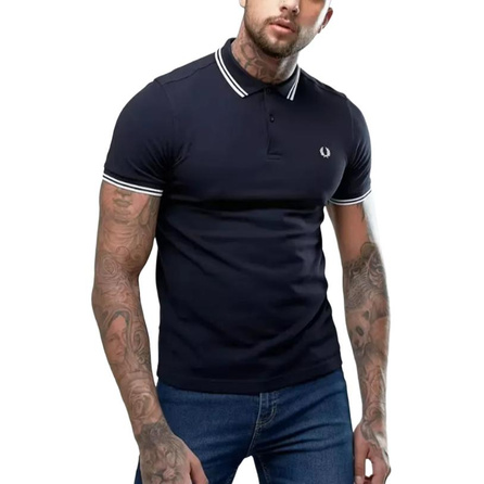 FRED PERRY Embroidered Logo Twin-Tipped Solid Color Short Sleeve Polo Shirt Men's Navy Blue