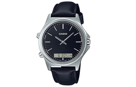 CASIO DRESS Water-Resistant Quartz Leather Strap Watch 46.5mm Men's Black Dial