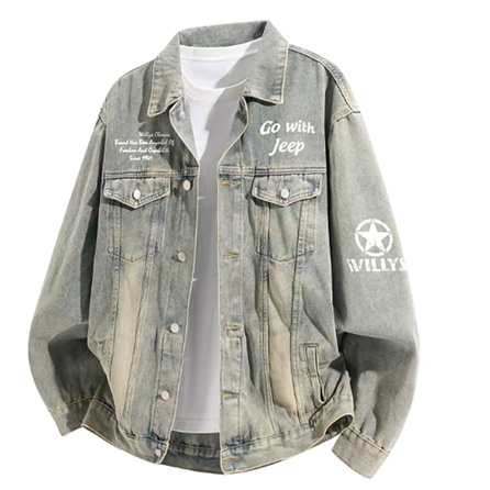 Jeep Premium Wrangler Series Ten Thousand Needle Embroidery Logo American Retro Washed Heavy-Duty Distressed Loose Breathable Comfortable Campus Style Daily Commute Single-Breasted Lapel Denim Jacket Unisex