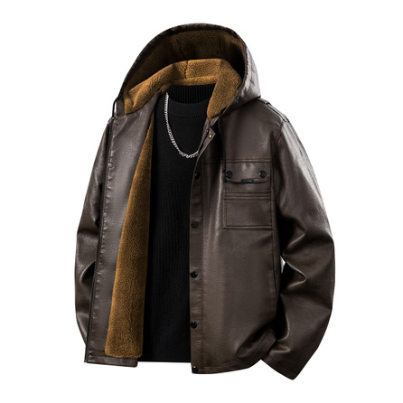 Jeep Luxury Wrangler Series Lychee Grain American Hooded PU Leather Solid Color Retro Lapel Casual Loose Comfortable Zippered Fleece-Lined Padded Windproof Waterproof Cold-Resistant Leather Jacket Coat Unisex