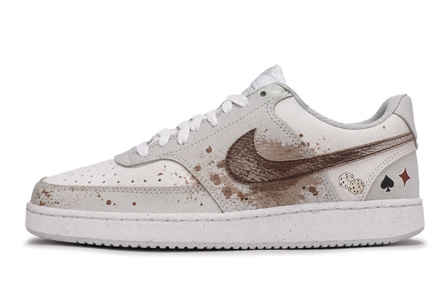 [Custom Sneakers] Nike Court Vision Qi En Yu Zuo Coffee Gambling Retro Distressed Street Relaxed Laid-Back Individual Niche American Low-Top Skate Shoes Men's White