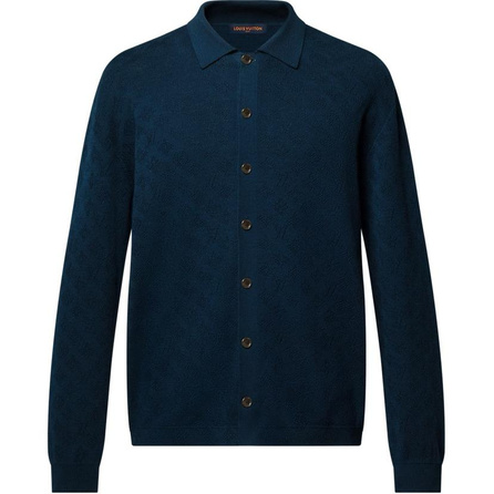 LOUIS VUITTON SS25 Pre-Spring Men's Collection Cotton Long Sleeve Mesh Pattern Shirt Men's Navy Blue