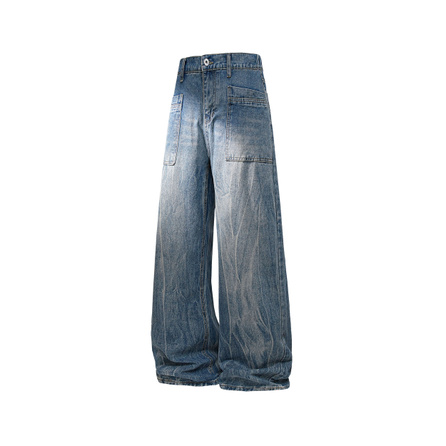 SESAME STREET American Vintage Cat Whisker Wash Texture Large Patch Pocket Workwear Cut Loose Lazy Sturdy Stitching Old School Street Trendy Comfortable Skin-Friendly Youthful Denim Long Pants Men's