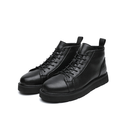 Modal British Style High-Top Leather Shoes Chelsea Thick Sole Formal Business Martin Boots Men's Black