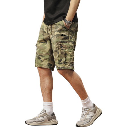 Jeep Unisex Heavyweight American Retro Versatile Cargo Knee-Length Shorts, Camouflage, Breathable Drawstring Loose Fit High-Street Outdoor