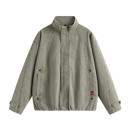 Dickies American Heavyweight Washed Cotton Split Contrast Stitching Snap Button Overlap Placket Dual Vertical Storage Pockets Side Brand Woven Label Hem Elastic Cinched Loose Drop Shoulder Vintage Workwear Spring Autumn Stand Collar Long-Sleeve Jacket Uni