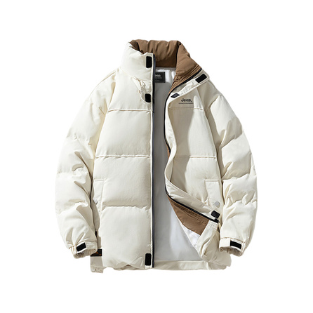 Jeep Outdoor Casual Brand Logo Letter Embroidery Woven Label Stand Collar Puffer Jacket Windproof Cold-Resistant Fleece-Lined Thickened Warmth Heat-Trapping Locking Drawstring Hem American Retro Padded Coat Unisex