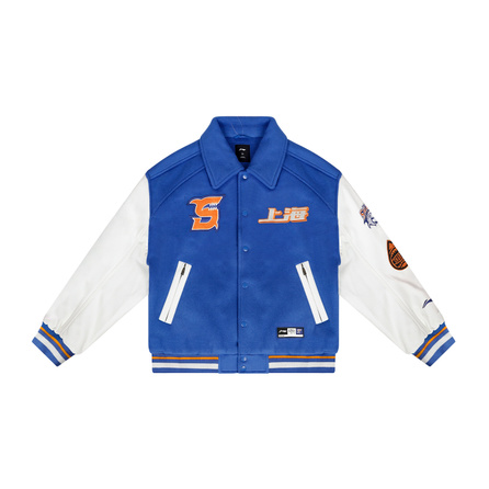 LiNing 25-26 Season CBA Shanghai Jiushi 2025 Winter Fleece-Lined Warm American Couple Retro Thick Sports Jacket Baseball Style Casual Windproof Top Loose Player Cotton Jacket Unisex Blue