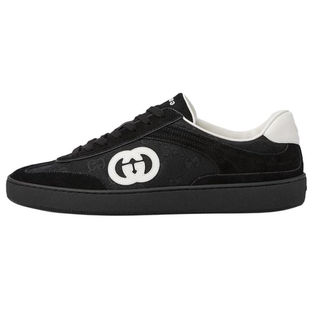 GUCCI G75 Suede Interlocking G Logo Round-Toe Lace-Up Low-Top Sneakers Men's Black
