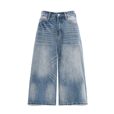 Jeep Washed Wide-Leg Seven-Point Pants Hip Covering Slimming Lazy Petite Loose Jeans Unisex Retro Blue