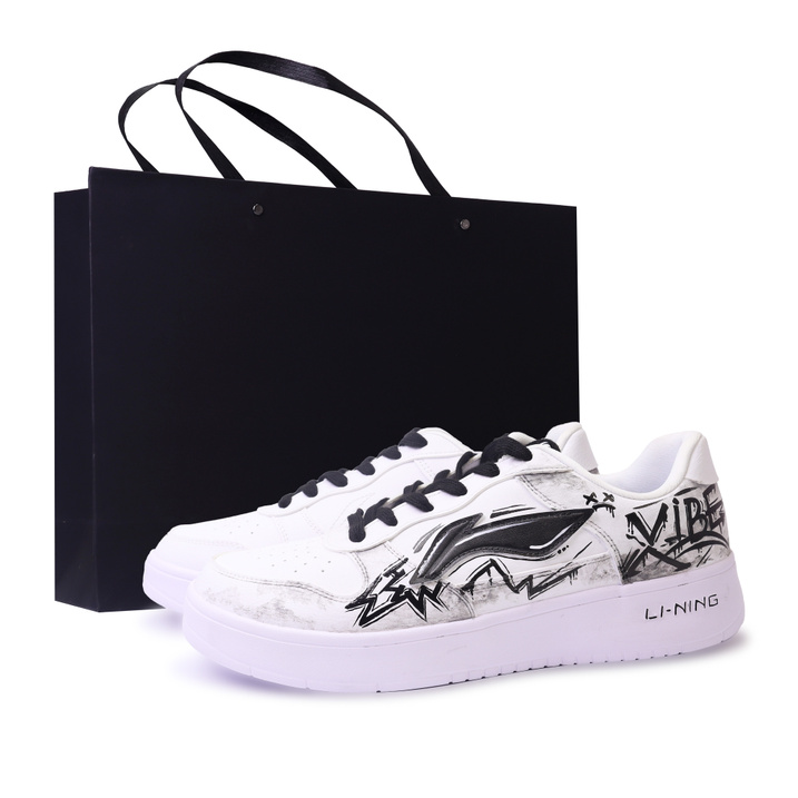 Custom LiNing Fuzhou Trend Energy Awakening Gift Bag Graffiti Hand-Painted Synthetic Leather Casual Trendy Wear-Resistant Lightweight Breathable Low-Top Skate Shoes Unisex Black White Gray