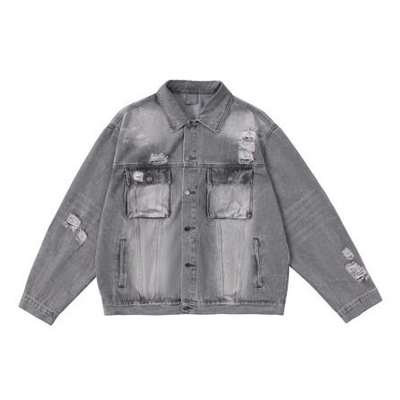FDR American Retro 3D Utility Pocket Distressed Lapel Loose Denim Jacket Unisex Gray White
