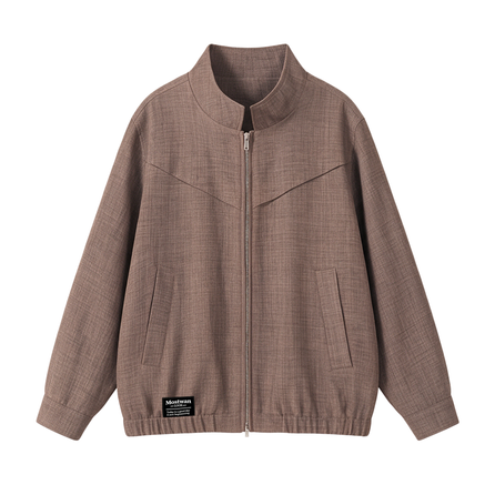 MostwantedLab American Vintage Old Money Style Faux Linen Texture Top Minimalist Solid Color Structural Design Basic Loose Casual Fashion Versatile Trendy High Street Stand Collar Double-Zip Aviator Cargo Plus Size Outerwear Jacket Unisex