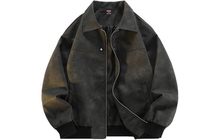 BALENO American High Street Retro Classic PU Leather Solid Color Basic Outdoor Commuter Zip Drop-Shoulder Lapel Loose-Fit Comfortable Jacket Unisex