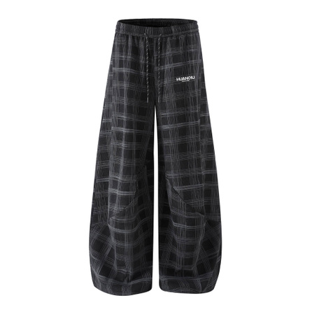 HUANQIU American Retro Street Check Stripe Fleece Lined 300g Pants Couple Drape Drawstring Relaxed Loose Brand Logo Outdoor Sport Straight Leg Loose Simple Versatile Wide-Leg Casual Pants Unisex