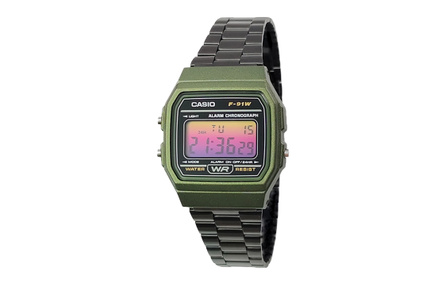 CASIO Custom Series Green Resin Case F-91WM-3A Custom 'Sugar Frost Hacker' Quartz Movement Stainless Steel Band Japanese Korean Watch Men's Black Dial