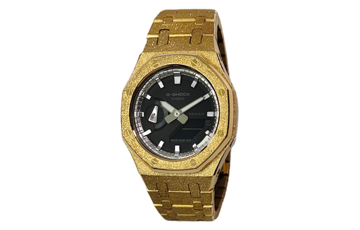 Custom Watch CASIO Modification Series 'Farmer Oak' Silver Inner Bezel Scale Brushed Gold Stainless Steel Case 200M Water Resistant GA-2100-1A Modification - Eternal Golden Rhythm Quartz Movement Japanese Korean Watch Men's Black Dial