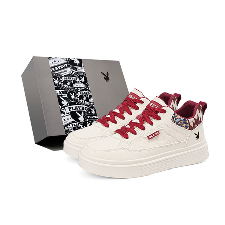 Playboy Chinese Trend Ethnic Style Light Luxury Texture Print Leather Surface Minimalist Fashion High Street Trendy Going Out Daily Commute Casual Sports Comfortable Versatile Thick Sole Height Increasing Wear-Resistant Anti-Slip Low-Top Skateboard Shoes 