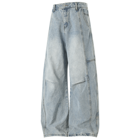 Feiyue American Retro Blue Washed Patchwork Men's Trendy Loose Design Straight Versatile Cargo Pants Jeans Unisex
