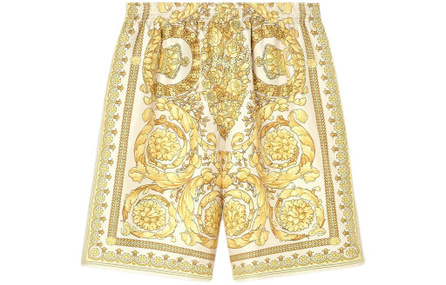 VERSACE Barocco Silk Shorts Pattern Print All-Over Elastic Waist Mid-Rise Straight Leg Fitted Casual Shorts Men's Yellow