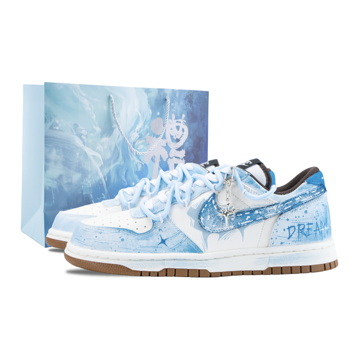 Custom ShoesNike Big Star Falling Sea Special Gift Bag Ice Blue Star Light Light Blue Ripple Star Pattern Chasing Dreams Star Ripple Traces Refreshing Versatile Wear-Resistant Low-Top Skate Shoes Men's White Blue