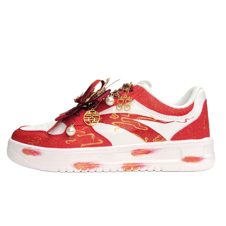 [Custom Sneakers] Anta Relaxed Bride Wedding Shoes New Chinese Style National Trend Morning Robe Xiuhe Wedding Celebration Engagement Comfortable No Tired Feet No Blister Height Increasing Lightweight Breathable Low-Top Sneakers Unisex China Red