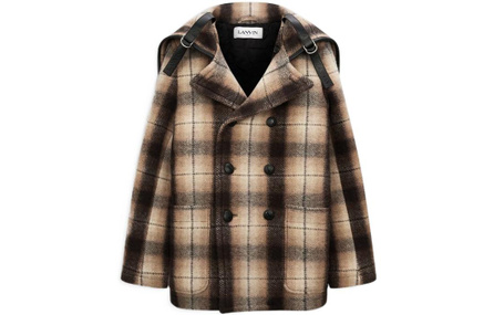 Lanvin Check Lapel Long Sleeve Overcoat Men's Beige