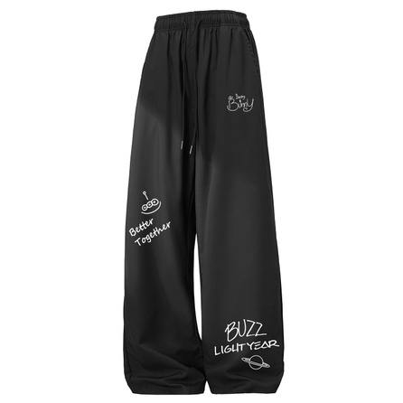 Disney American High Street Trendy Creative Three-Eyed Alien Letter LOGO Print Fashionable Age-Reducing Versatile Loose Casual Daily Commute Sports Neutral Style Straight Drape Drawstring Ice Silk Cooling Breathable Casual Pants Unisex