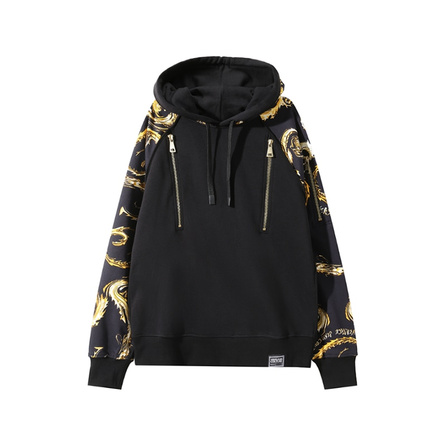 VERSACE JEANS COUTURE FW24 Men's Baroque Print Hooded Sweatshirt Loose Fleece-Lined Black