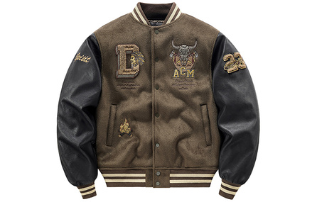 VIP Flight Streetwear American Vintage Embroidered Quilted Thick Warm Wool Blend Patchwork Baseball Jacket Unisex Brown