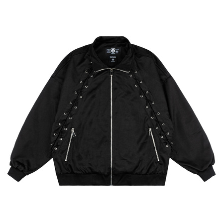 XINYINSU Tie-Detail Pocket Zipper Jacket Unisex Black
