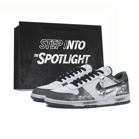 [Custom Sneakers] Nike Big LOW Shadow Grey Summer Breathable Gift Distressed Splatter Bamboo Leaf Ink Painting Soft Color-Block American Retro Gradient Wear-Resistant Anti-Slip Low-Top Skate Shoes Unisex Black Grey