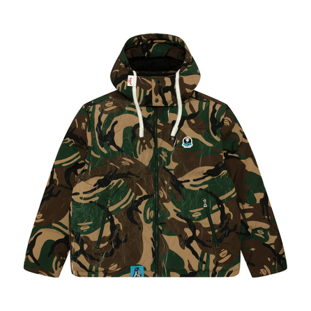 Aape FW24 Ape Face Wrinkle Effect Detachable Hood Loose Zipper Down Jacket Men's Camo Green