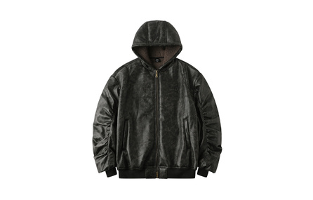 LAMLICKA Leather Jacket Thick Sherpa Hooded Loose Biker Jacket Outerwear Unisex Black