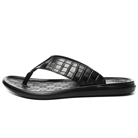 Emenu High-Quality Outdoor Home Genuine Leather Comfortable Soft Fashion Trendy Rubber Sole Embroidered Flip-Flops Men's Black